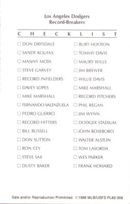 1988 Los Angeles Dodgers Record-Breakers Smokey #NNO Dodgers Logo - Checklist Back