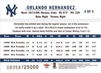 2002 Fleer Utz New York Yankees Starting Five #4 Orlando Hernandez Back
