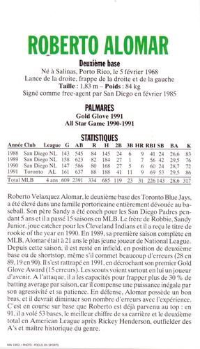 1992 NewSport #NNO Roberto Alomar Back