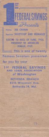 1960 Universal Match Famous Washington Senators #NNO Joe Cronin Back