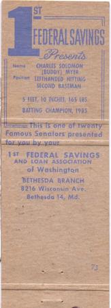 1960 Universal Match Famous Washington Senators #NNO Buddy Myer Back