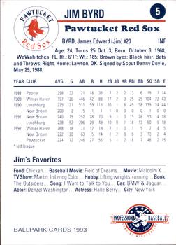 1993 Ballpark Cards Pawtucket Red Sox #5 Jim Byrd Back
