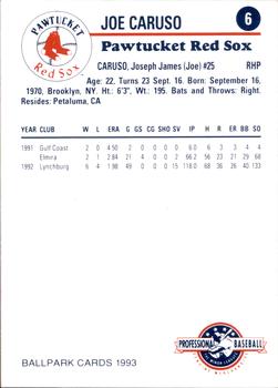 1993 Ballpark Cards Pawtucket Red Sox #6 Joe Caruso Back