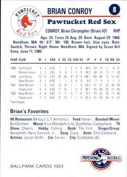 1993 Ballpark Cards Pawtucket Red Sox #8 Brian Conroy Back