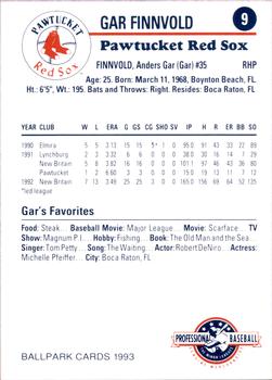 1993 Ballpark Cards Pawtucket Red Sox #9 Gar Finnvold Back
