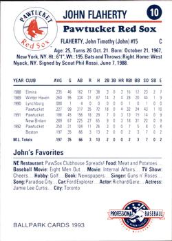 1993 Ballpark Cards Pawtucket Red Sox #10 John Flaherty Back