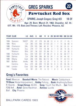 1993 Ballpark Cards Pawtucket Red Sox #22 Greg Sparks Back