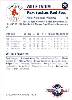 1993 Ballpark Cards Pawtucket Red Sox #23 Willie Tatum Back
