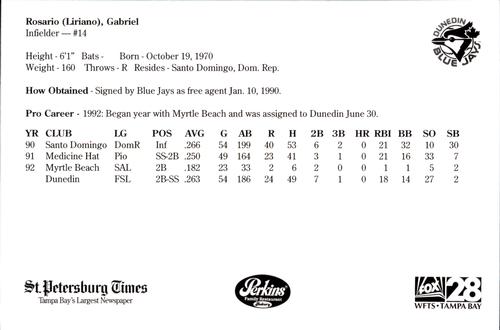 1993 Perkins Dunedin Blue Jays #NNO Gabriel Rosario Back