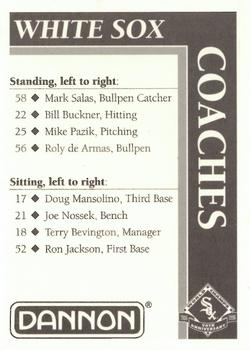 1996 Dannon Chicago White Sox #NNO Coaches (Mark Salas / Bill Buckner / Mike Pazik / Roly de Armas / Doug Mansolino / Joe Nossek / Terry Bevington / Ron Jackson) Back
