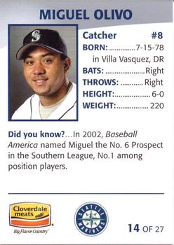 2005 Cloverdale Meats Seattle Mariners #14 Miguel Olivo Back