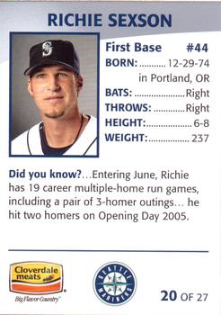 2005 Cloverdale Meats Seattle Mariners #20 Richie Sexson Back