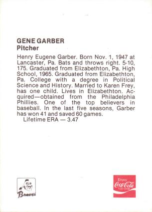 1978 Coca-Cola Atlanta Braves #NNO Gene Garber Back