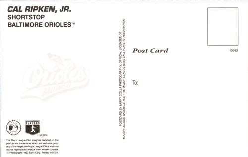 1993 Barry Colla Postcards - Prototypes #10593 Cal Ripken, Jr. Back