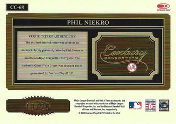 2004 Donruss Throwback Threads - Century Collection Material Prime #CC-68 Phil Niekro Back