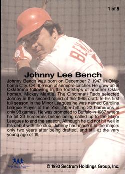 1993 Front Row Premium All-Time Greats Johnny Bench #1 Johnny Bench Back