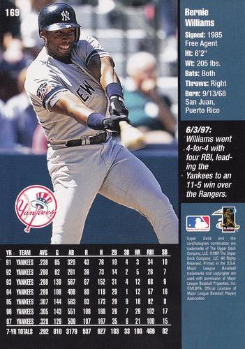 1998 Upper Deck New York Yankees #169 Bernie Williams Back