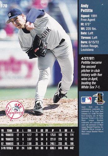 1998 Upper Deck New York Yankees #170 Andy Pettitte Back