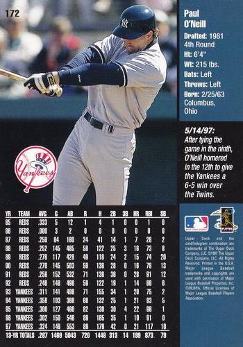 1998 Upper Deck New York Yankees #172 Paul O'Neill Back