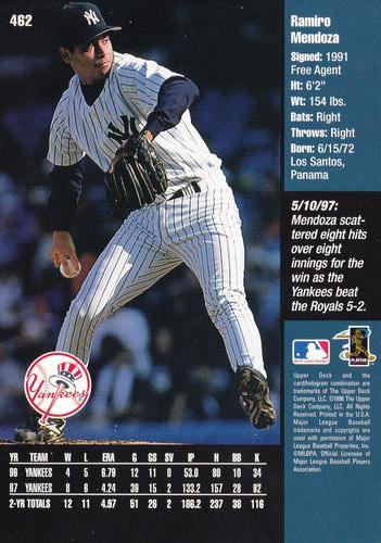 1998 Upper Deck New York Yankees #462 Ramiro Mendoza Back