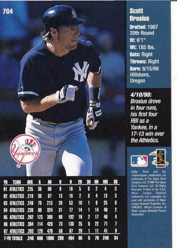 1998 Upper Deck New York Yankees #704 Scott Brosius Back