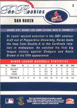 2003 Donruss/Leaf/Playoff (DLP) Rookies & Traded - 2003 Donruss Rookies & Traded #3 Dan Haren Back