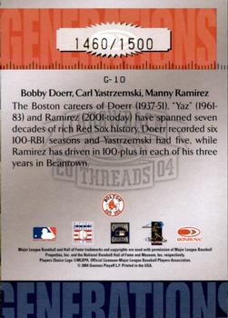 2004 Donruss Throwback Threads - Generations #G-10 Bobby Doerr / Carl Yastrzemski / Manny Ramirez Back