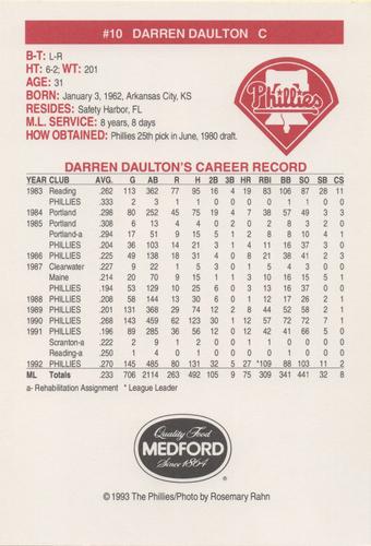 1993 Medford Philadelphia Phillies Photocards Update #NNO Darren Daulton Back