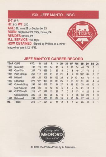 1993 Medford Philadelphia Phillies Photocards Update #NNO Jeff Manto Back