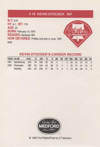 1993 Medford Philadelphia Phillies Photocards Update #NNO Kevin Stocker Back