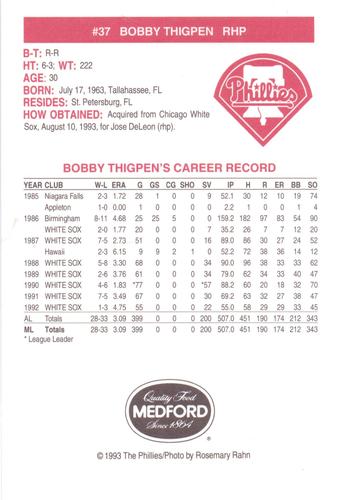 1993 Medford Philadelphia Phillies Photocards Update #NNO Bobby Thigpen Back