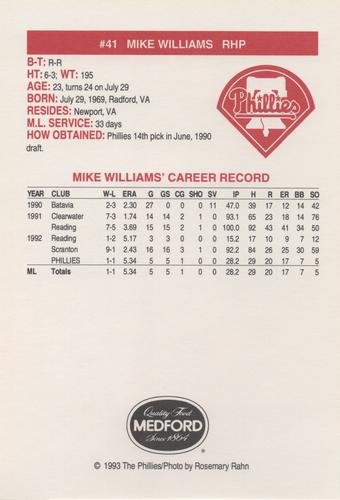 1993 Medford Philadelphia Phillies Photocards Update #NNO Mike Williams Back