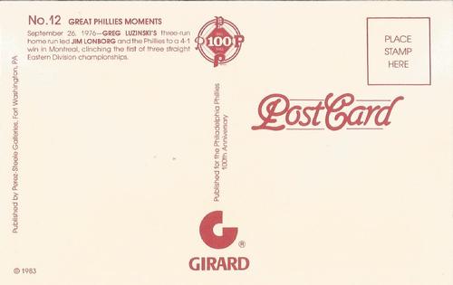 1983 Philadelphia Phillies Great Moments Postcards #12 Greg Luzinski / Jim Lonborg Back