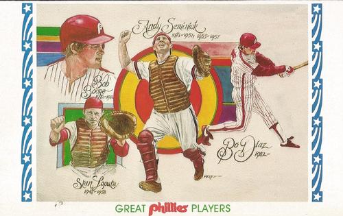 1983 Philadelphia Phillies Great Players and Managers Postcards #3 Bob Boone / Stan Lopata / Andy Seminick Front