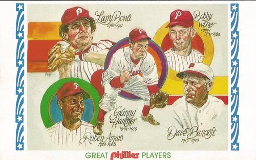 1983 Philadelphia Phillies Great Players and Managers Postcards #4 Ruben Amaro / Larry Bowa / Granny Hamner / Bobby Wine / Dave Bancroft Front