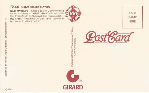 1983 Philadelphia Phillies Great Players and Managers Postcards #6 Gary Matthews / Greg Luzinski / Del Ennis Back