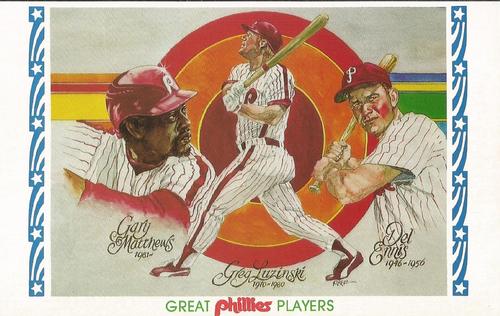 1983 Philadelphia Phillies Great Players and Managers Postcards #6 Gary Matthews / Greg Luzinski / Del Ennis Front
