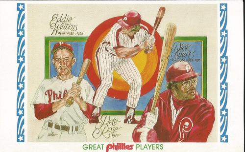 1983 Philadelphia Phillies Great Players and Managers Postcards #7 Eddie Waitkus / Pete Rose / Dick Allen Front