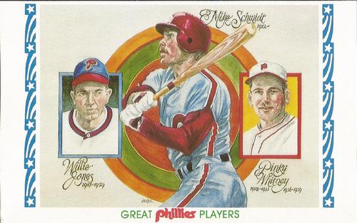 1983 Philadelphia Phillies Great Players and Managers Postcards #10 Willie Jones / Mike Schmidt / Pinky Whitney Front