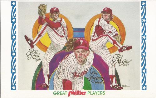 1983 Philadelphia Phillies Great Players and Managers Postcards #13 Ron Reed / Jim Konstanty / Tug McGraw Front