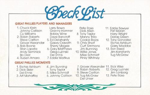 1983 Philadelphia Phillies Great Players and Managers Postcards #14 Checklist Front