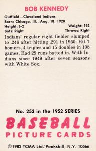 1982 TCMA 1952 Bowman Supplement #253 Bob Kennedy Back