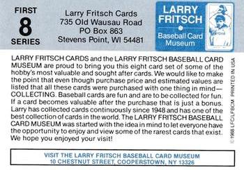 1988 Fritsch Baseball Card Museum #8 Larry Fritsch Baseball Card Museum Back