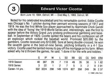 1988 Little Sun Black Sox Scandal #3 Eddie Cicotte Back