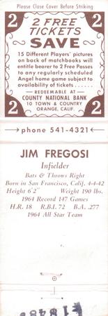 1965 Universal Match County National Bank Los Angeles Angels Matchbooks #NNO Jim Fregosi Back