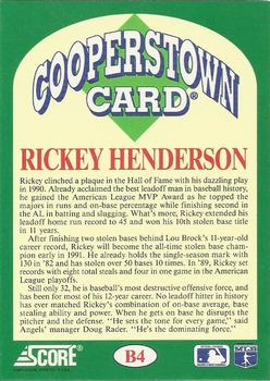 1991 Score - Cooperstown #B4 Rickey Henderson Back