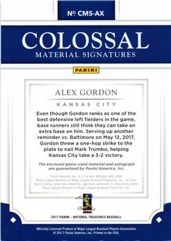 2017 Panini National Treasures - Colossal Material Jersey Number Signatures Holo Gold #CMS-AX Alex Gordon Back
