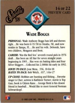 1992 Studio - Studio Previews #14 Wade Boggs Back