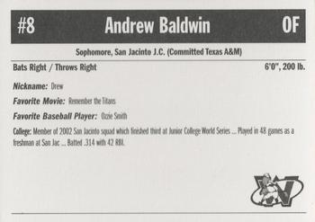 2003 Sun Printing Wisconsin Woodchucks #NNO Andrew Baldwin Back