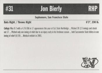 2003 Sun Printing Wisconsin Woodchucks #NNO Jon Bierly Back